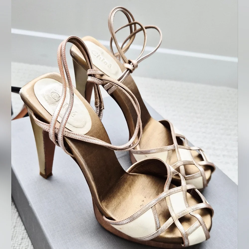 Chloe Metallic Strappy Heels - Cream and Tan - Picture 5 of 7